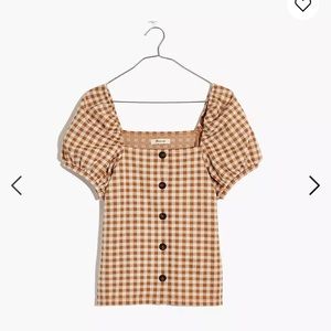 Gingham Jacquard Square-Neck Puff-Sleeve Top